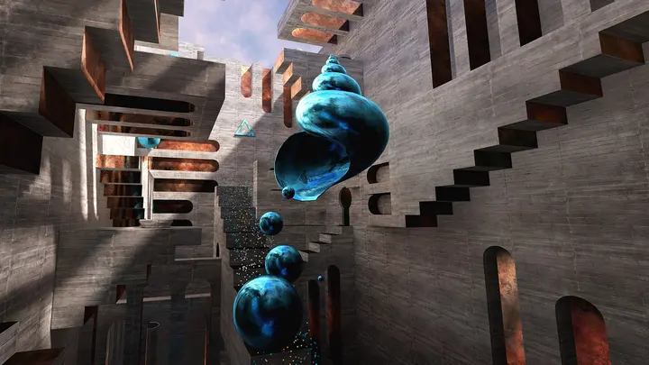 Floating blue liquid forms inside a concrete labyrinth