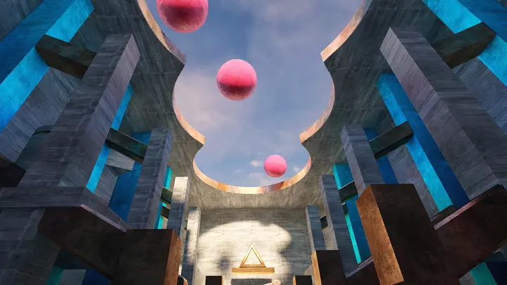 Cyan towers beneath floating red spheres in Daedalus