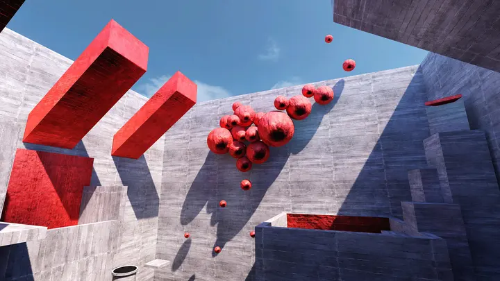Red architectural forms and spheres against a blue sky
