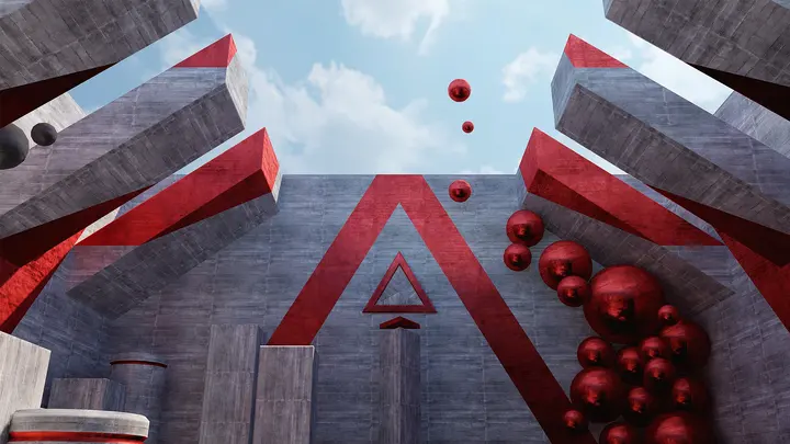 A red triangular gate framed by brutalist architecture