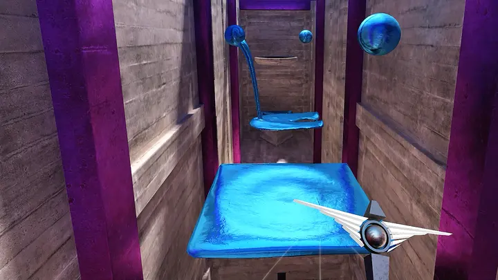 The player gliding toward blue liquid platforms