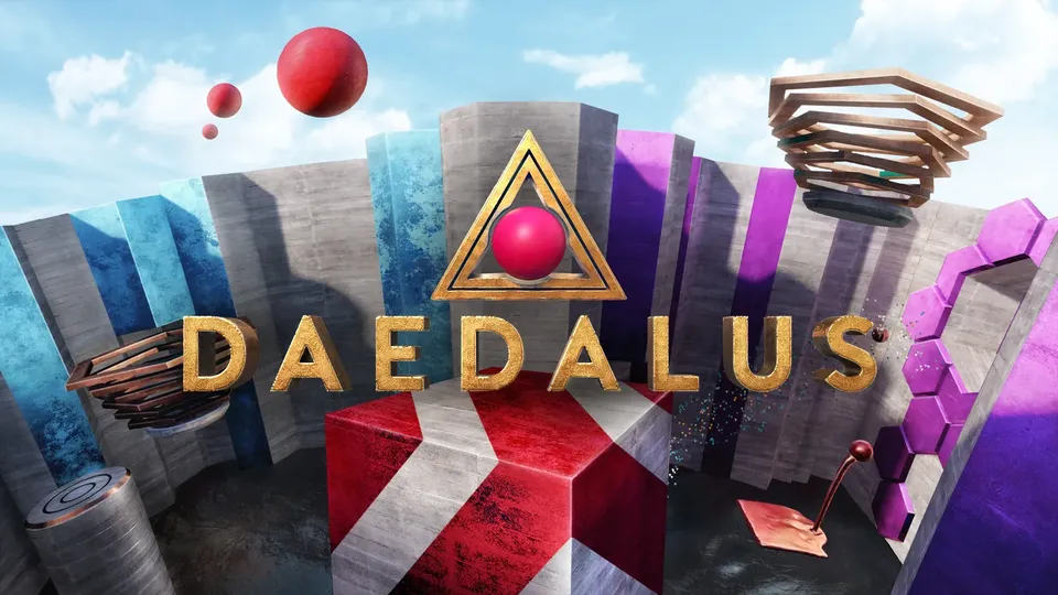 Daedalus key art featuring colorful concrete structures, floating spheres, and the winged craft