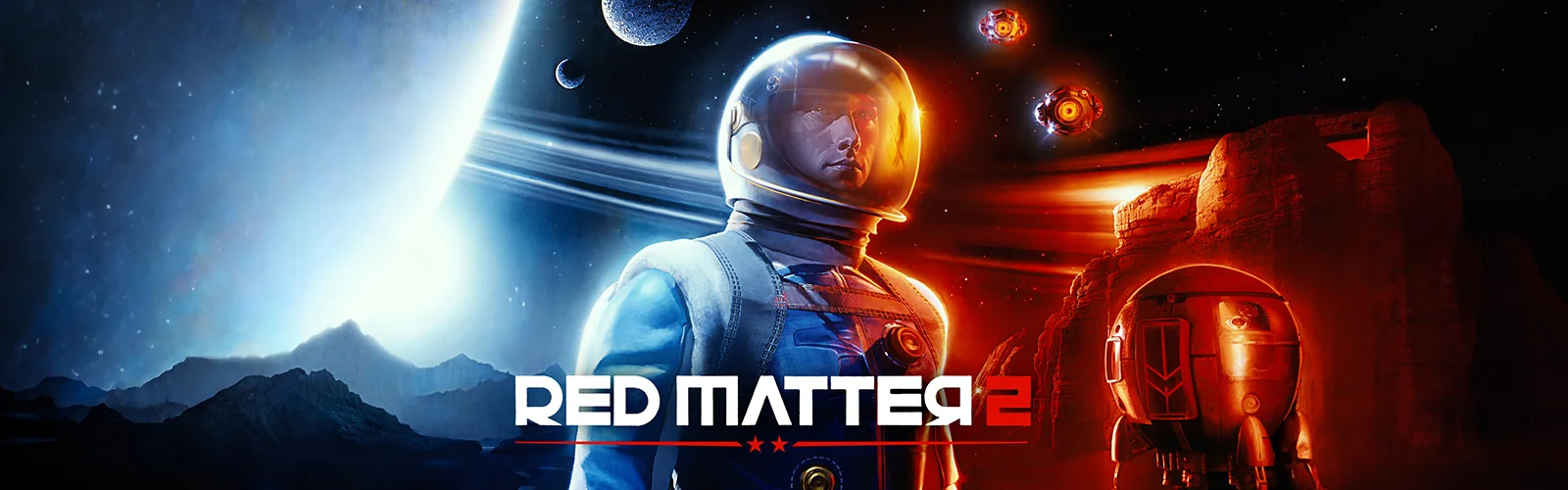Red Matter 2, an astronaut between a blue planet and a red Volgravian base